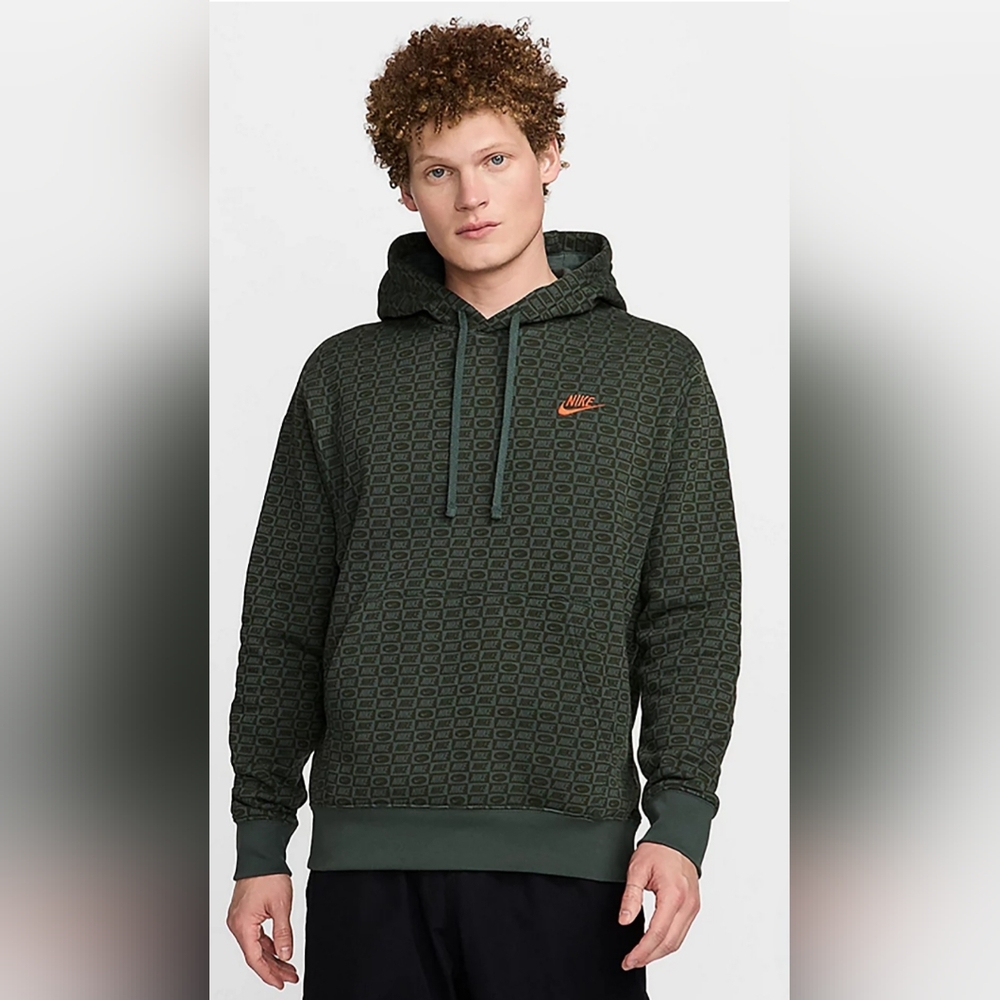 Nike NSW Club Fleece Monogram Hoodie Mens Med Green Black